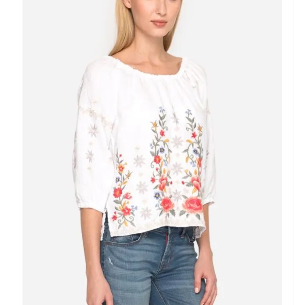 Johnny Was White Linen Hazelton Peasant Tie Blouse - Picture 3 of 9